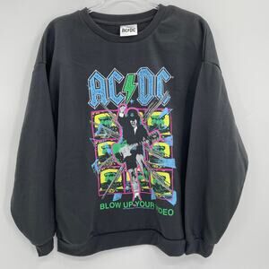 AC DC Sweatshirt Dark Grey Band Logo Crew Neck Fleece Pullover Women's Large